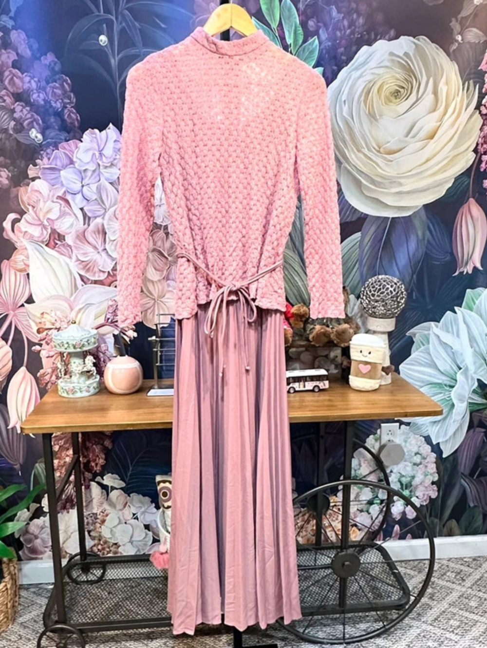 Vintage Union Made USA Pink Lace Pleated Maxi Dress Mock Neck Prairie Romantic